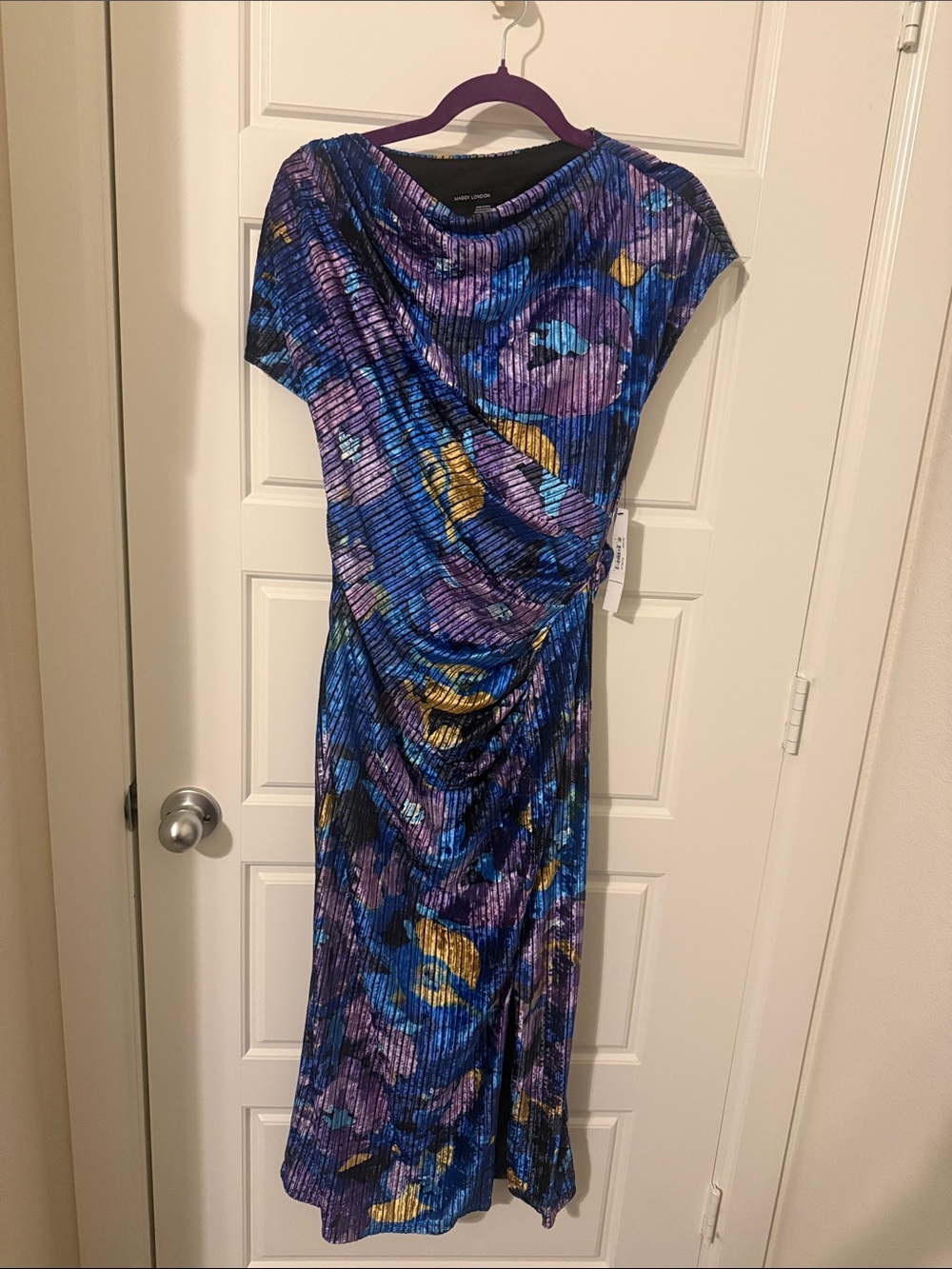 Maggy London Blue, Purple and Gold Pleated Midi Dress